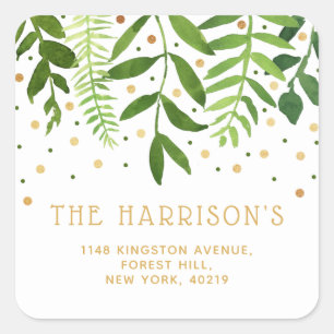 Sticker Carré Simply Chic Greenery & Gold Adresse de retour