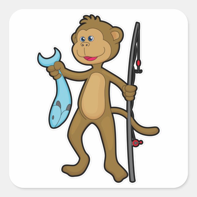 Sticker Carré Singe à la pêche avec bâton de pêche et poisson (Devant)