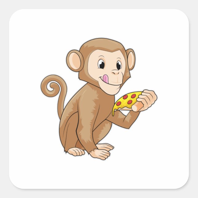 Sticker Carré Singe avec morceau de pizza (Devant)
