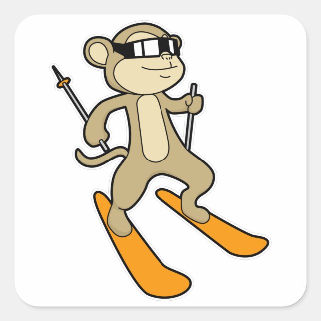 Sticker Carré Singe comme skieur avec ski (Devant)