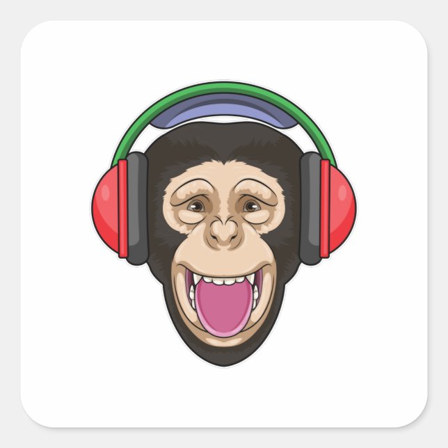 Sticker Carré Singe dans la musique avec casque (Devant)