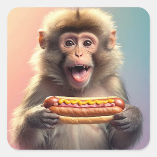 Sticker Carré Singe mignon Avec Hotdog
