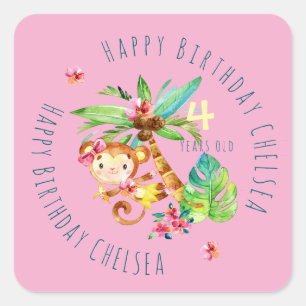 Sticker Carré Singe Mignon Bleu Anniversaire Personnalisé Joyeux