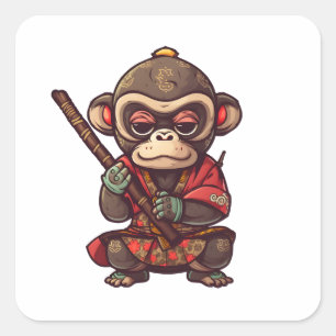 Sticker Carré Singe mignon Samurai Attrape les yeux Adorable Sin