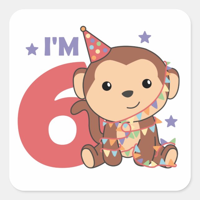 Sticker Carré Singe Sixième anniversaire Enfants 6 ans Stic Carr (Devant)