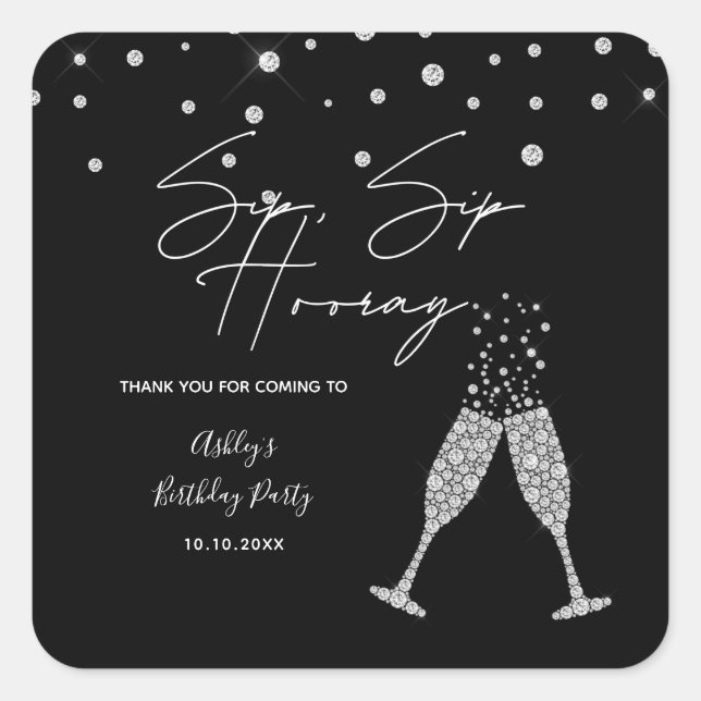 Sticker Carré Sip Sip Hooray Moderne Noir & Blanc Citation Anniv (Devant)