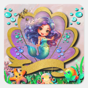 Sticker Carré Sirène, Coquillage, Amis Animaux Marins, Récif de