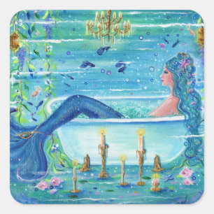 Sticker Carré Sirène dans une baignoire art par Renee Lavoie