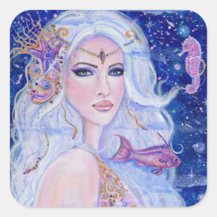 Sticker Carré Sirène de shellina avec hippocampe par Renee Lavoi