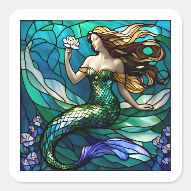 Sticker Carré Sirène en verre tendu admirant une fleur (Devant)