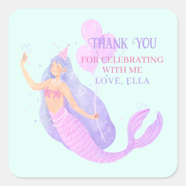 Sticker Carré Sirène sous la mer Anniversaire Merci bleu (Devant)