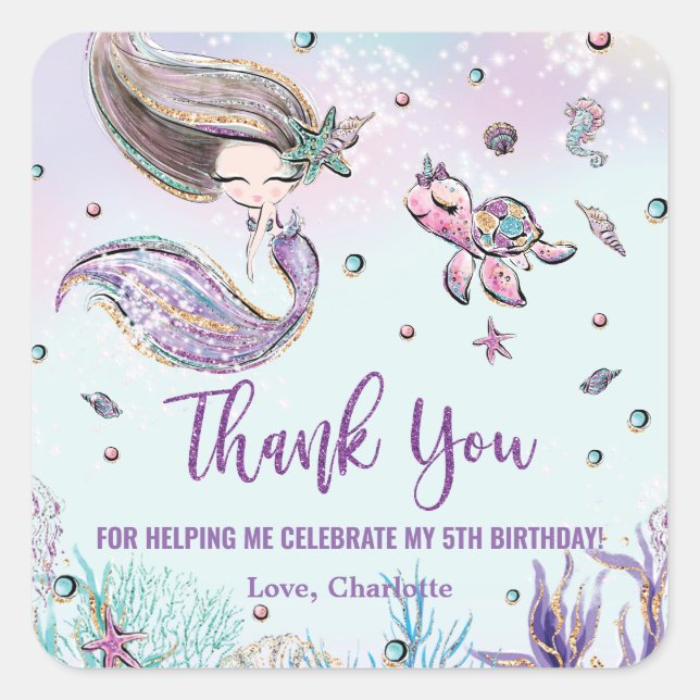 Sticker Carré Sirène Whimsical sous la mer Anniversaire Favor (Devant)