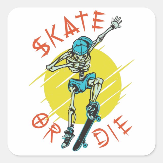 Sticker Carré Skate ou die Skeleton Skateboarder (Devant)