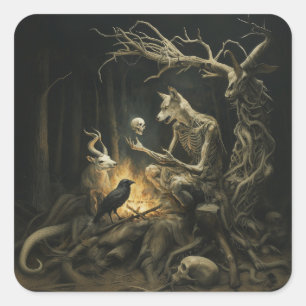 Sticker Carré Skeleton Chien Moon Occult Dark Witchk AI Art