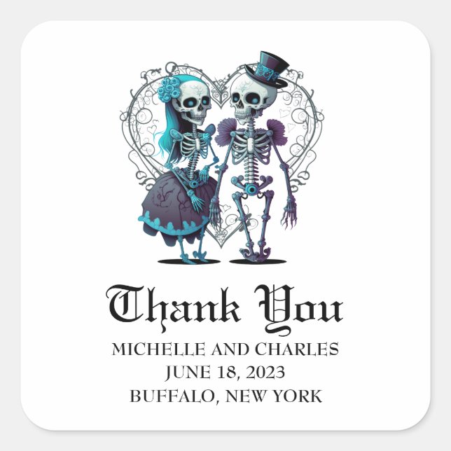 Sticker Carré Skeleton Couple Mariage Merci (Devant)