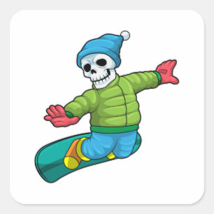 Sticker Carré Skeleton en Snowboard avec Snowboard