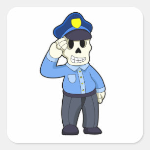 Sticker Carré Skeleton en tant que policier avec casquette de po