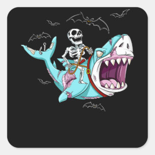 Sticker Carré Skeleton équitation Zombie Shark Funny Halloween c