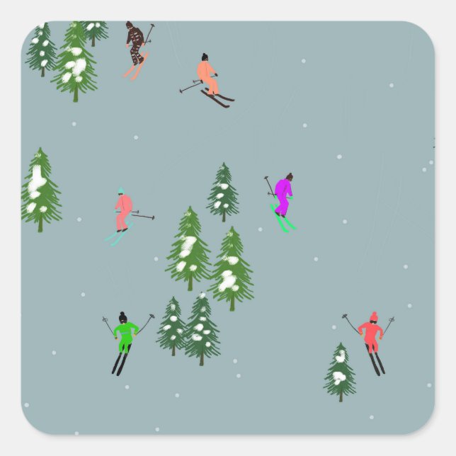 Sticker Carré Ski d'ouverture Noël Ski de vacances Skieurs Bleu (Devant)