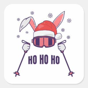 Sticker Carré Ski Père Noël Rabbit avec Santa Hat et bâtons de s