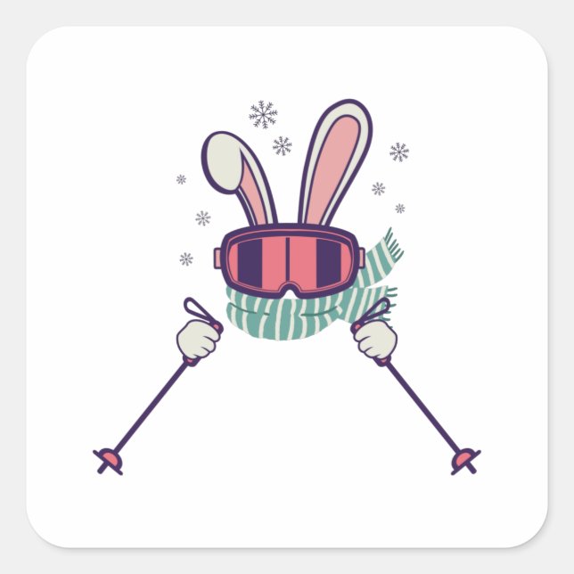 Sticker Carré Ski Rabbit avec bâtons de ski et lunettes de ski (Devant)