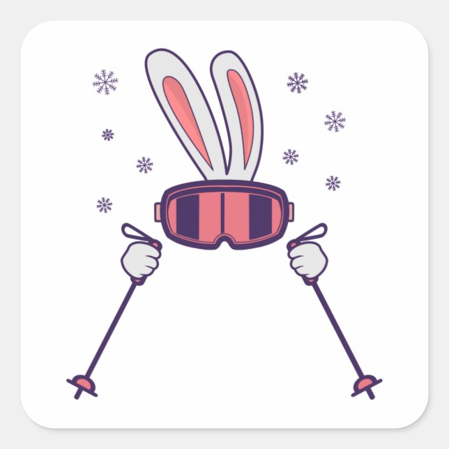 Sticker Carré Ski Rabbit avec bâtons de ski et lunettes de ski (Devant)