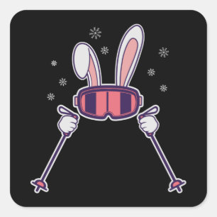 Sticker Carré Ski Rabbit avec bâtons de ski et lunettes de ski