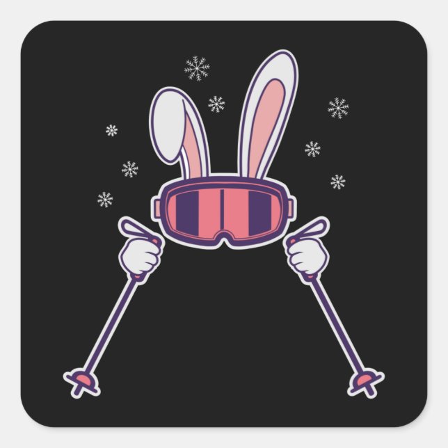 Sticker Carré Ski Rabbit avec bâtons de ski et lunettes de ski (Devant)