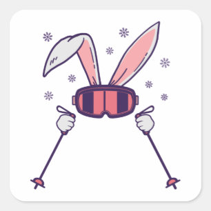 Sticker Carré Ski Rabbit avec bâtons de ski et lunettes de ski