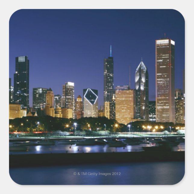Sticker Carré Skyline du centre-ville de Chicago la nuit (Devant)