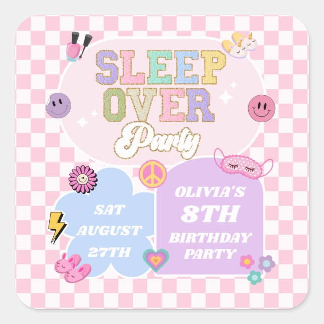 Sticker Carré Sleepover Preppy Varsity Patch Anniversaire (Devant)