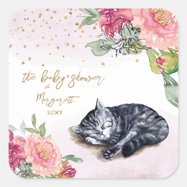 Sticker Carré Sleepy Kitten Illustration Baby shower fille (Devant)