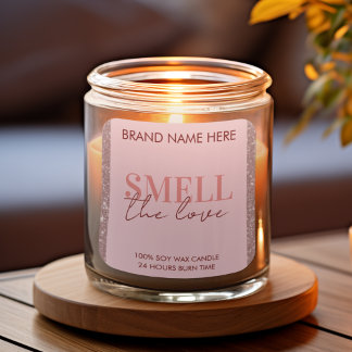Sticker Carré Smell The Love Custom Pink Glitter Candle Label