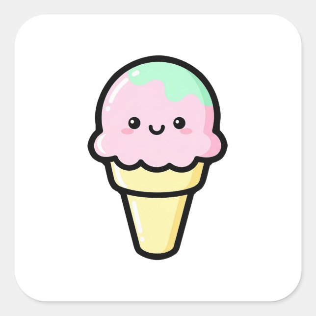 Sticker Carré Smiling Ice Cream – Cute Kawaii Illustration (Devant)