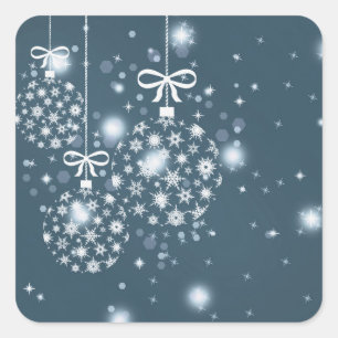 Sticker Carré Snowflakes, bleu et blanc, ballons, Joyeux Christ
