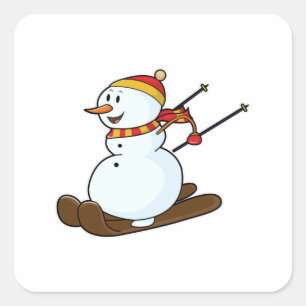 Sticker Carré Snowman comme skieur avec ski et Casquette