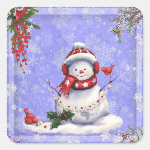 Sticker Carré Snowman de Noël en bleu avec des snowflics