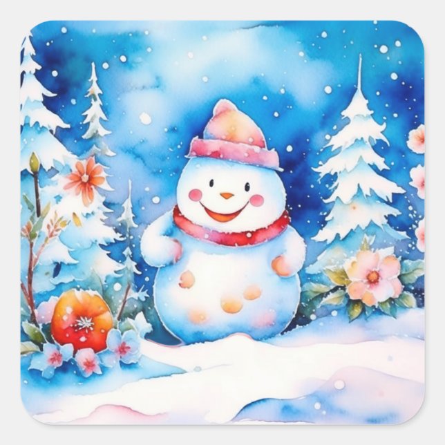 Sticker Carré Snowman de Noël et fleurs d'hiver (Devant)