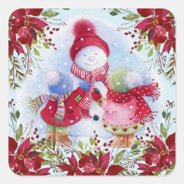 Sticker Carré Snowman et Enfants souriants (Devant)