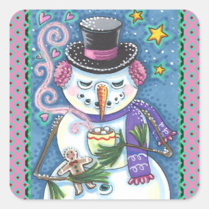 STICKER CARRÉ SNOWMAN, GINGERPREAD MAN & MUG OF CHOCOLAT CHAUD