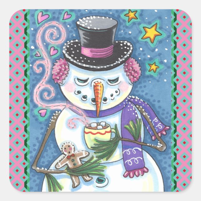 STICKER CARRÉ SNOWMAN, GINGERPREAD MAN & MUG OF CHOCOLAT CHAUD (Devant)