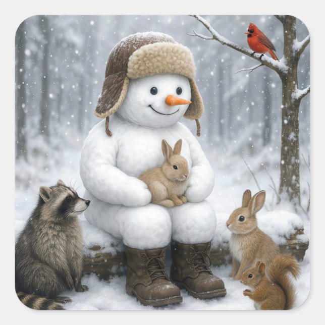 Sticker Carré Snowman In Winter Woods With Animal Friends (Devant)