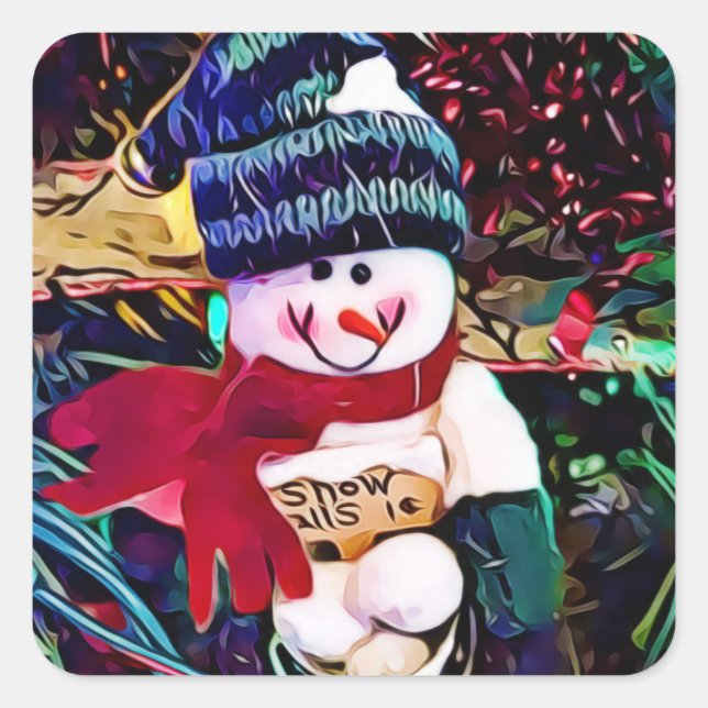 Sticker Carré Snowman mignon avec seau de boules de neige Noël (Devant)
