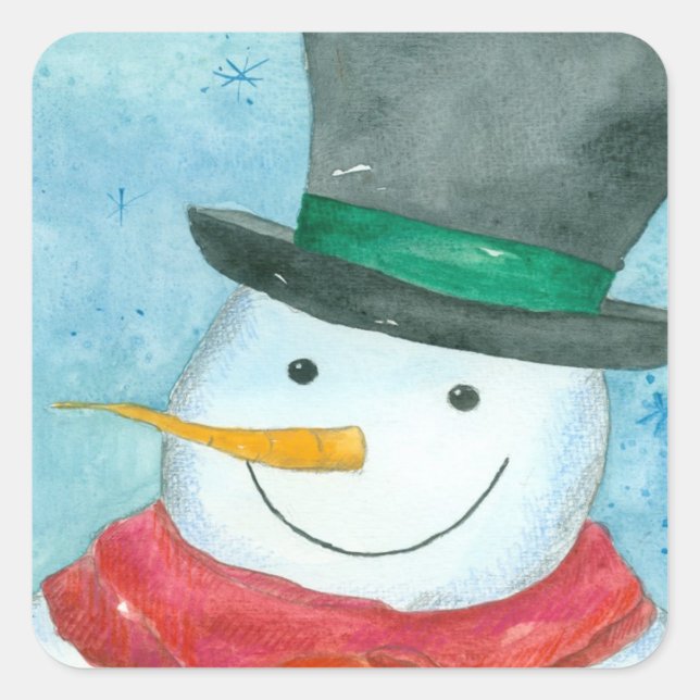 Sticker Carré Snowman Noir Top Hat Noël Vacances Aquarelle (Devant)