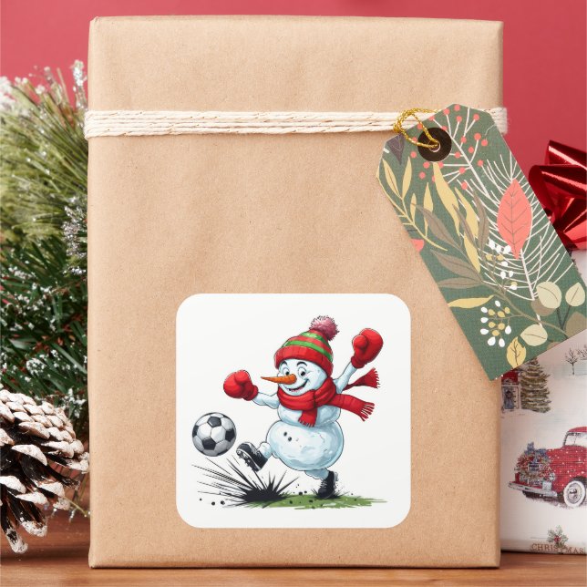 Sticker Carré Snowman Playing Soccer Kicking Ball (vacances)