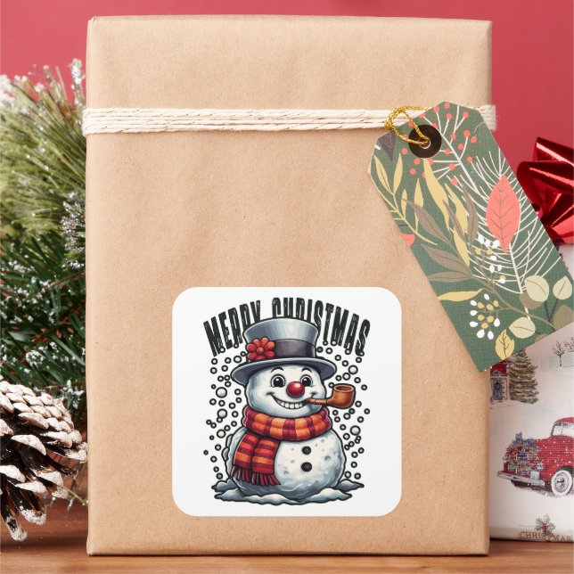 Sticker Carré Snowman Top Hat Pipe Merry Christmas (vacances)
