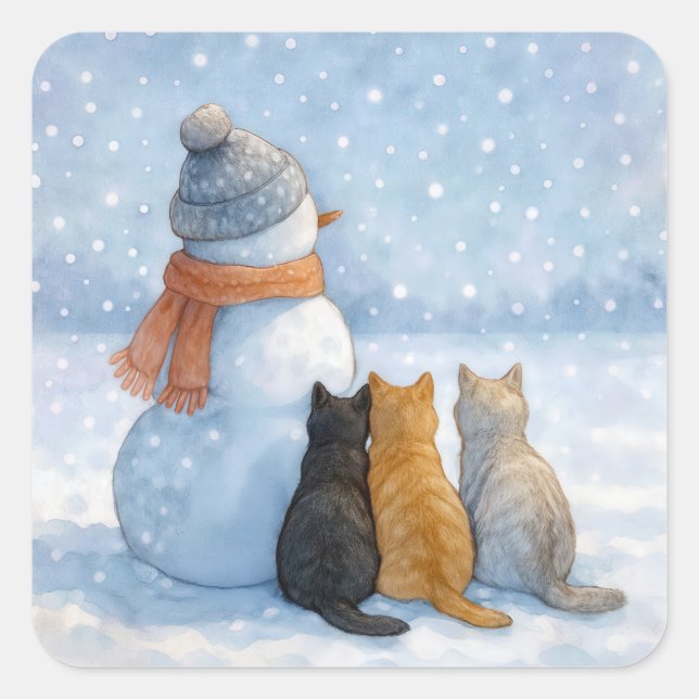 Sticker Carré Snowman With Three Cats In a Snowy Field (Devant)