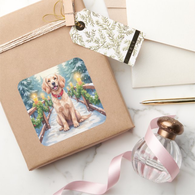 Sticker Carré Snowy Bridge Boykin Spaniel Christmas Art (Cadeaux)