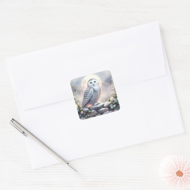 Sticker Carré Snowy Owl in Moonlit Winter Garden (Enveloppe)