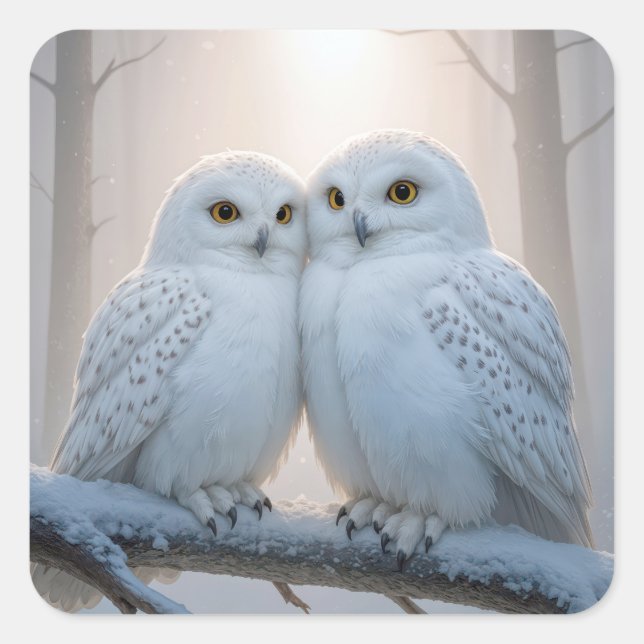 Sticker Carré Snowy Owls On a Winter Branch (Devant)